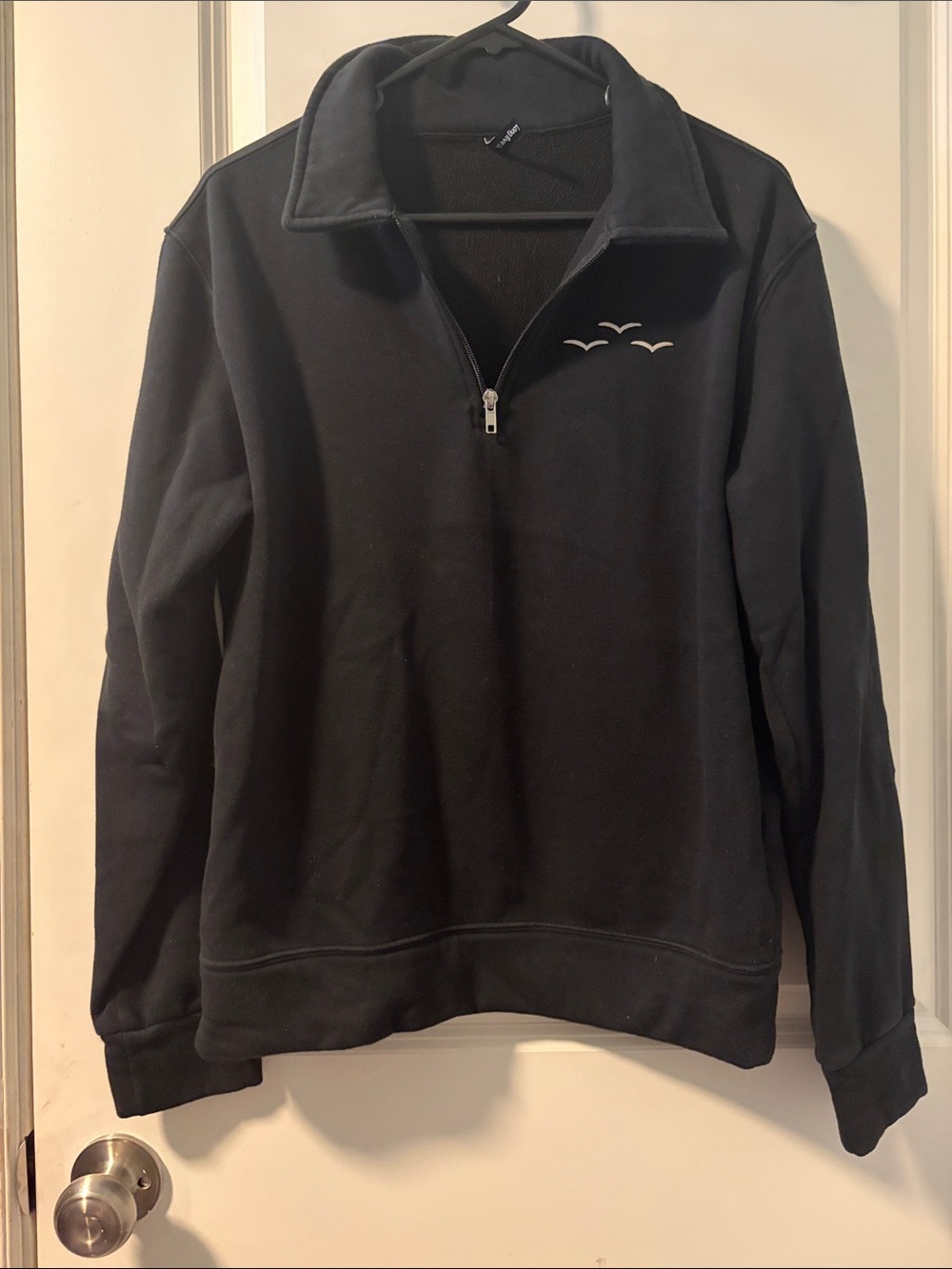 Black Half-Zip Pullover Sweater with Embroidered Birds